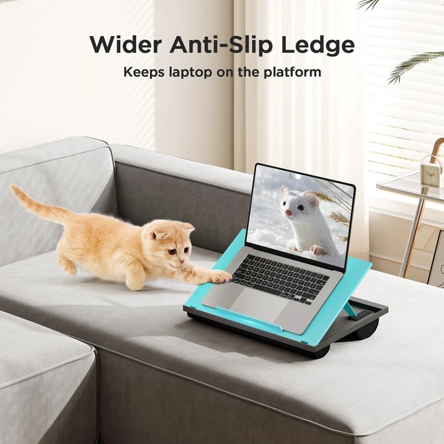 Alt view image 6 of 7 - Lap Desk with 8 Adjustable Angles Up to 15.6" Laptop, Turquoise Dual-cushion base, carry handle, 30% thicker for durability, wider anti-slip ledge, for home office, sofa, bed, car