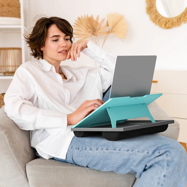 Alt view image 7 of 7 - Lap Desk with 8 Adjustable Angles Up to 15.6" Laptop, Turquoise Dual-cushion base, carry handle, 30% thicker for durability, wider anti-slip ledge, for home office, sofa, bed, car