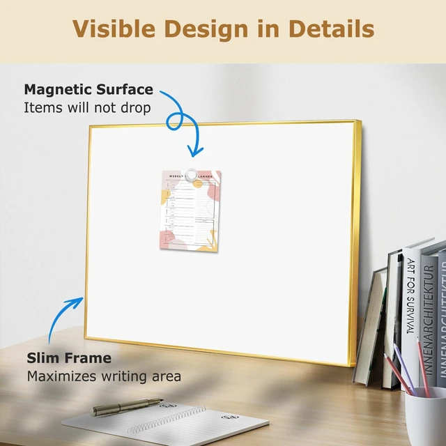 Alt view image 4 of 7 - Magnetic Whiteboard, 24" x 18" Dry Erase White Board for Wall Gold Aluminum Frame, Easy to Write and Erase, Wall Mounted, Presentation Board, for Home, Office, School, Kitchen