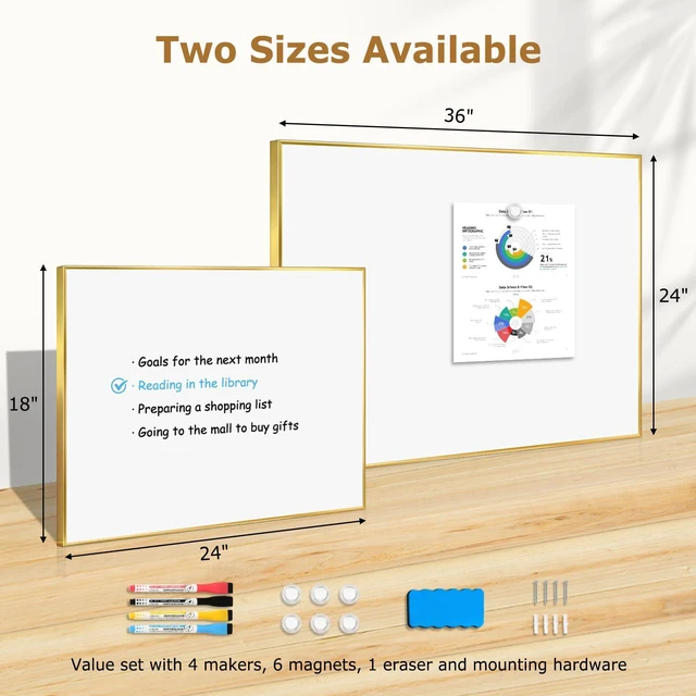 Alt view image 6 of 7 - Magnetic Whiteboard, 24" x 18" Dry Erase White Board for Wall Gold Aluminum Frame, Easy to Write and Erase, Wall Mounted, Presentation Board, for Home, Office, School, Kitchen