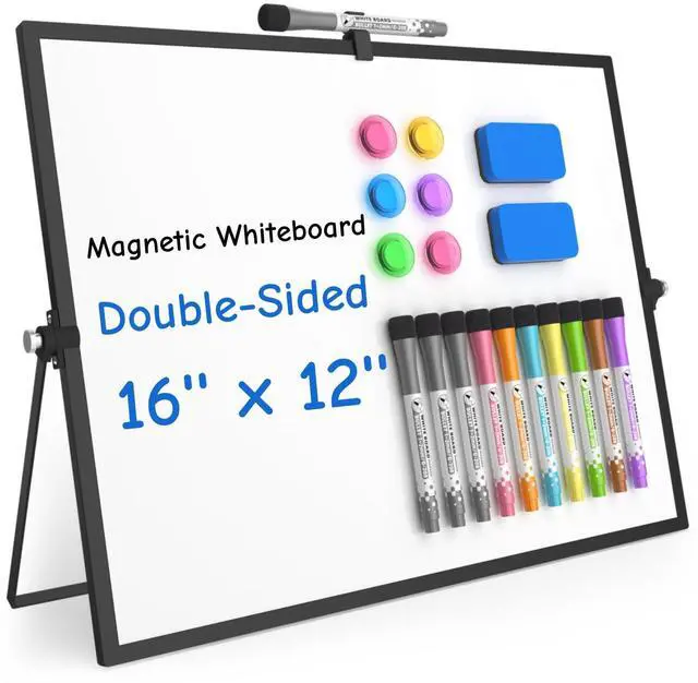 Main image of Magnetic Dry Erase Board with Stand, 16''x12'' Desktop Whiteboard Double-Sided White Board with Stand, Black White Board, Desk Whiteboard Portable, Dry Erase Board for Home, School, Office