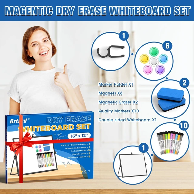 Alt view image 2 of 7 - Magnetic Dry Erase Board with Stand, 16''x12'' Desktop Whiteboard Double-Sided White Board with Stand, Black White Board, Desk Whiteboard Portable, Dry Erase Board for Home, School, Office