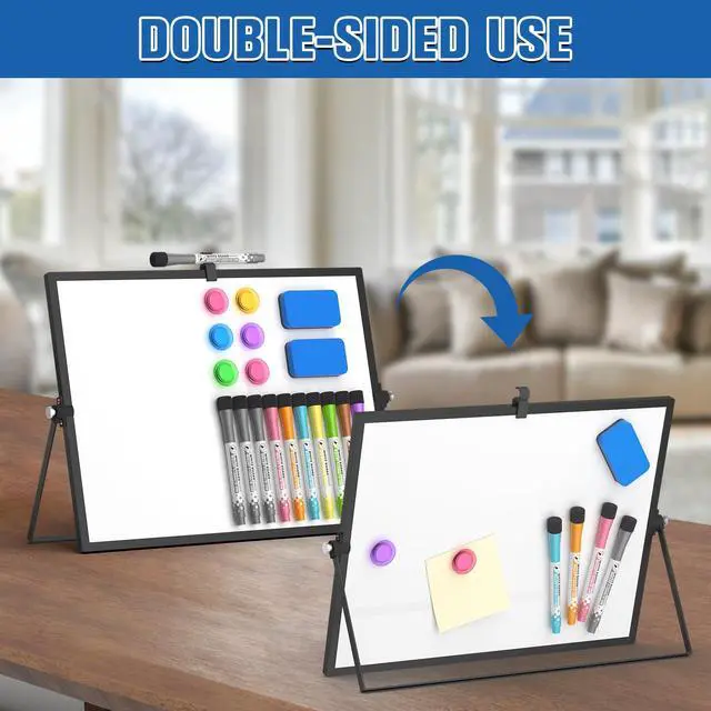Alt view image 6 of 7 - Magnetic Dry Erase Board with Stand, 16''x12'' Desktop Whiteboard Double-Sided White Board with Stand, Black White Board, Desk Whiteboard Portable, Dry Erase Board for Home, School, Office