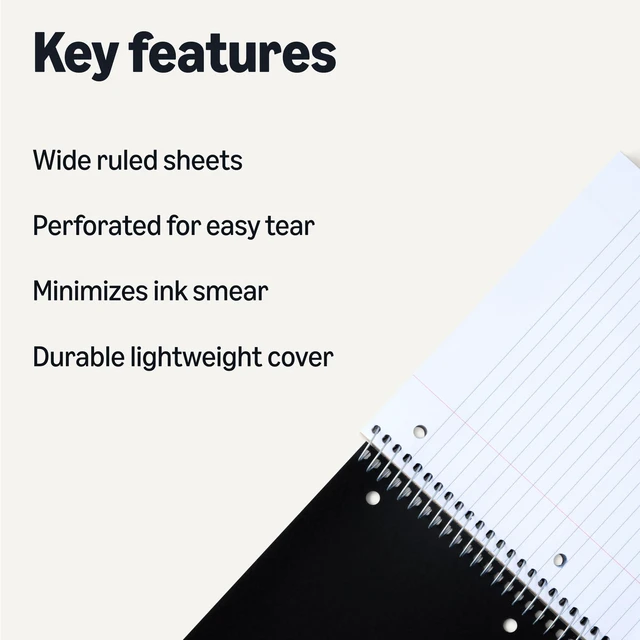 Alt view image 2 of 5 - Wide Ruled 3-Subject Spiral Notebook, 150 Sheets, 8.5 x 10.5 Inches, Black, 2-Pack