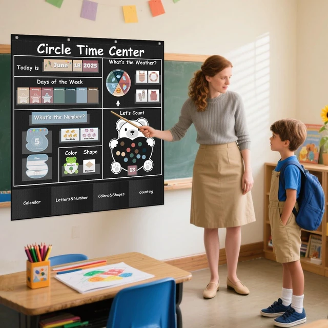 Alt view image 2 of 6 - Circle Time Learning Center Pocket Chart for Classroom(Black) Printed Days of The Week with CardsLearning for Home or Kindergarten, Teacher Must Have Supplies That Fits Any School Décor