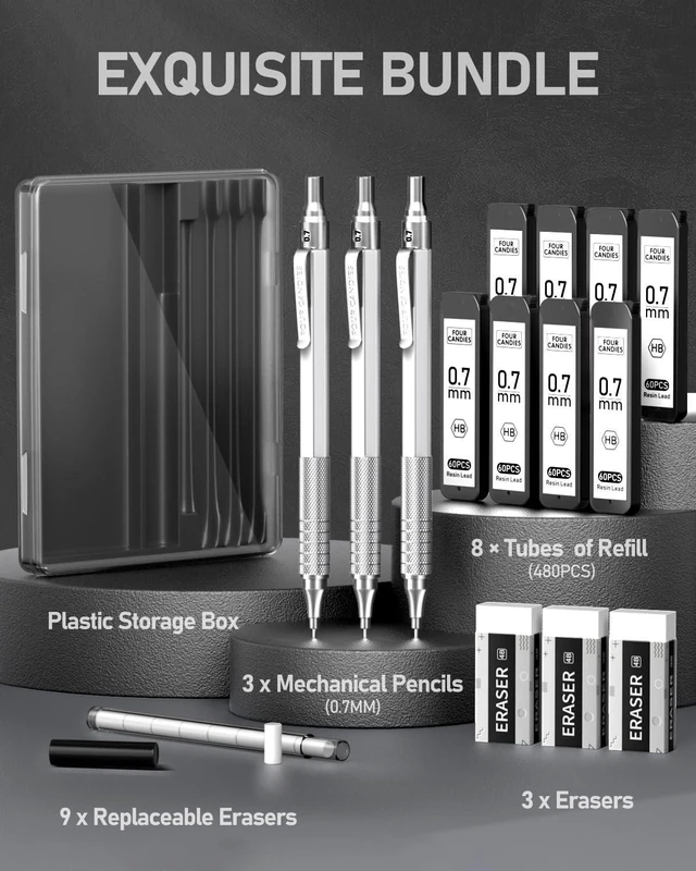 Alt view image 4 of 7 - Metal Mechanical Pencil Set with Case, 0.7mm, 3-Pack, Silver 480PCS HB Lead Refills, 3 Erasers+9 Eraser Refills, Anti Grip, for Drafting, Engineering, Technical Drawing, Art Projects