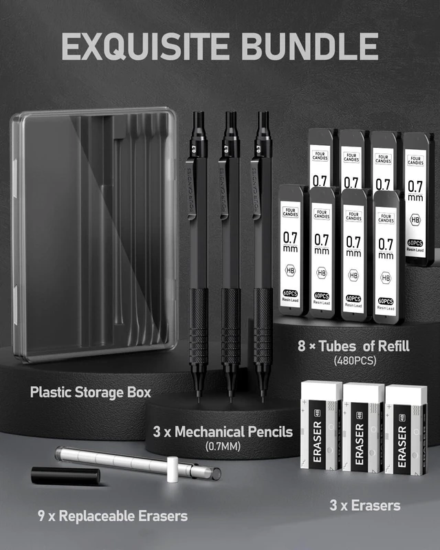 Alt view image 4 of 7 - Metal Mechanical Pencil Set with Case, 0.7mm, 3-Pack, Black 480PCS HB Lead Refills, 3 Erasers+9 Eraser Refills, Anti Grip, for Drafting, Engineering, Technical Drawing, Art Projects