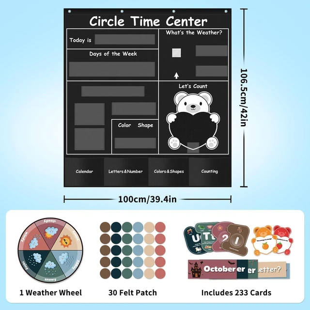 Alt view image 6 of 6 - Circle Time Learning Center Pocket Chart for Classroom(Black) Printed Days of The Week with CardsLearning for Home or Kindergarten, Teacher Must Have Supplies That Fits Any School Décor