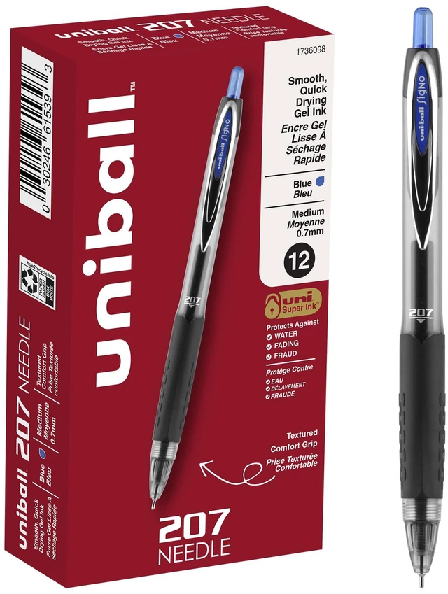 Main image of uniball 207 Needle Gel Pens, Medium Point (0.7mm), Blue, 12 Pack Needle point for accurate straight-edge lines, fraud-resistant uni Super Ink, water & fade-resistant, textured rubber grip