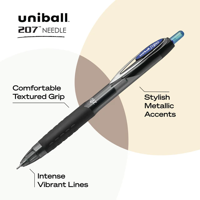 Alt view image 3 of 6 - uniball 207 Needle Gel Pens, Medium Point (0.7mm), Blue, 12 Pack Needle point for accurate straight-edge lines, fraud-resistant uni Super Ink, water & fade-resistant, textured rubber grip