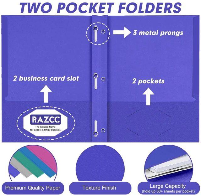 Alt view image 3 of 7 - Two Pocket Folders, 50 Pack Two Pocket with Prongs, 3 Prong Pocket Folders Letter Size, Paper Folders with Prongs for School Office Home Business, Assorted 5 Colors