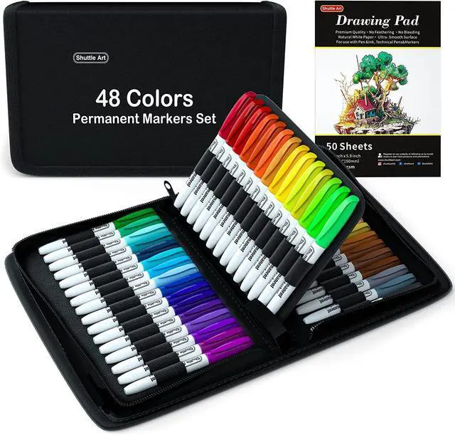 Main image of Permanent Markers, 48 Colors Fine Point, Assorted Colors with Travel Case, Ideal for Adults Coloring Doodling on Plastic, Glass, Wood and Stone, Gift for Kids