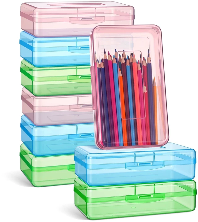 Main image of 24 Pack Clear Plastic Pencil Box, Light Pink, Light Blue,Mint Green Stackable Organizer for School Supplies, Large Case for Crayons Markers, Snap-lid Keeps Stationery Secure, Bulk Set