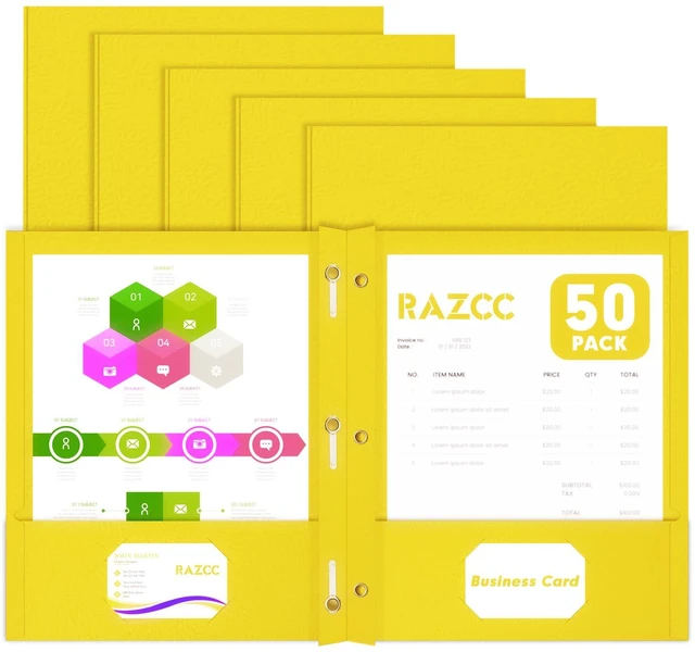 Main image of Two Pocket Folders, 50 Pack Two Pocket Folders with Prongs, 3 Prong Folders Fit Letter Size Paper, Pocket File Folders for School Office Home Business, Yellow