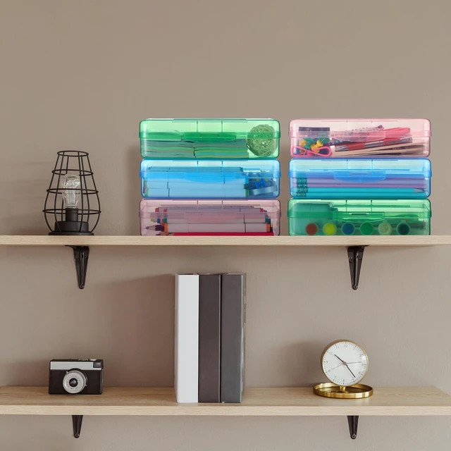 Alt view image 7 of 7 - 24 Pack Clear Plastic Pencil Box, Light Pink, Light Blue,Mint Green Stackable Organizer for School Supplies, Large Case for Crayons Markers, Snap-lid Keeps Stationery Secure, Bulk Set