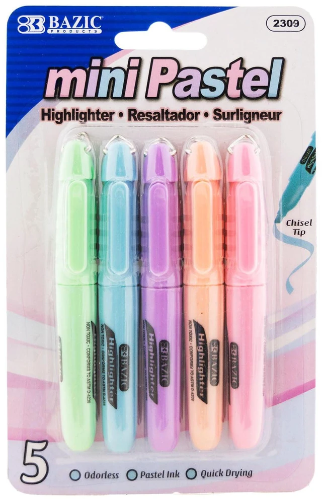 Main image of Mini Pastel Highlighters, Chisel Tip, 5 Count, 24-Box Quick-dry, Assorted pastel mini highlighters, Compact, Cap clip, Non-toxic ink, Odorless, Bulk pack