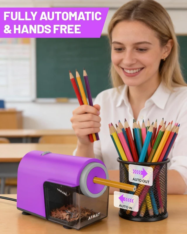 Alt view image 2 of 7 - Electric Pencil Sharpener, Fully Automatic Pencil Sharpener for 6.5-10.5mm No.2/Jumbo/Colored Pencils, Auto in & Out, 5 Sharpness Modes, 10000+ Sharpenings for Classroom Home Office,PSC5(Purple)
