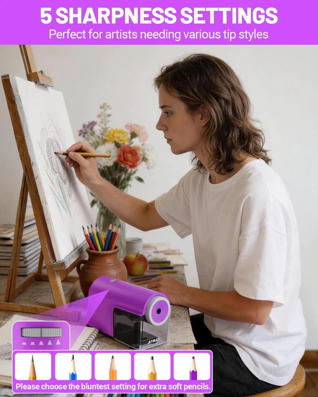 Alt view image 4 of 7 - Electric Pencil Sharpener, Fully Automatic Pencil Sharpener for 6.5-10.5mm No.2/Jumbo/Colored Pencils, Auto in & Out, 5 Sharpness Modes, 10000+ Sharpenings for Classroom Home Office,PSC5(Purple)