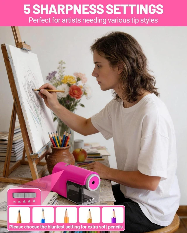Alt view image 4 of 7 - Electric Pencil Sharpener, Fully Automatic Pencil Sharpener for 6.5-10.5mm No.2/Jumbo/Colored Pencils, Auto in & Out, 5 Sharpness Modes, 10000+ Sharpenings for Classroom Home Office, PSC5(Pink)