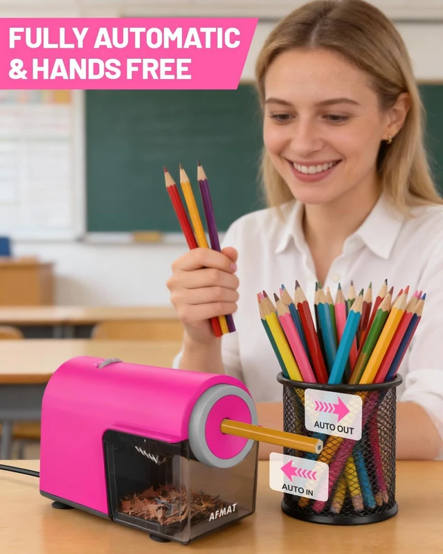 Alt view image 2 of 7 - Electric Pencil Sharpener, Fully Automatic Pencil Sharpener for 6.5-10.5mm No.2/Jumbo/Colored Pencils, Auto in & Out, 5 Sharpness Modes, 10000+ Sharpenings for Classroom Home Office, PSC5(Pink)