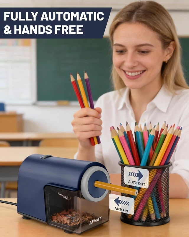 Alt view image 2 of 7 - Electric Pencil Sharpener, Fully Automatic Pencil Sharpener for 6.5-10.5mm No.2/Jumbo/Colored Pencils, Auto in & Out, 5 Sharpness Modes, 10000+ Sharpenings for Classroom Home Office, PSC5(Blue)