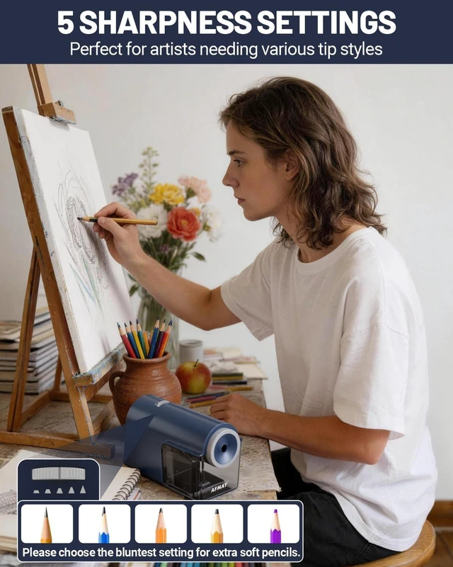 Alt view image 4 of 7 - Electric Pencil Sharpener, Fully Automatic Pencil Sharpener for 6.5-10.5mm No.2/Jumbo/Colored Pencils, Auto in & Out, 5 Sharpness Modes, 10000+ Sharpenings for Classroom Home Office, PSC5(Blue)
