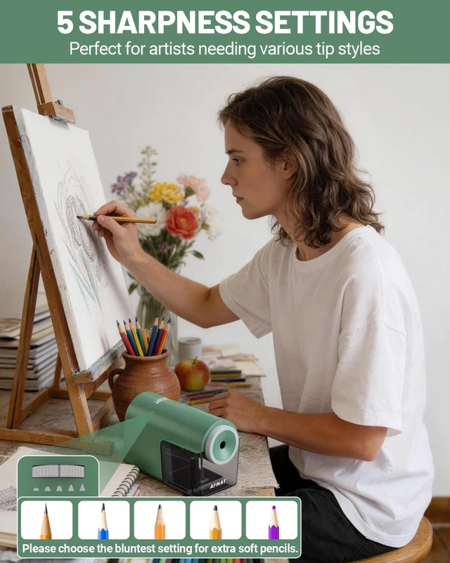 Alt view image 4 of 7 - Electric Pencil Sharpener, Fully Automatic Pencil Sharpener for 6.5-10.5mm No.2/Jumbo/Colored Pencils, Auto in & Out, 5 Sharpness Modes, 10000+ Sharpenings for Classroom Home Office, PSC5(Green)