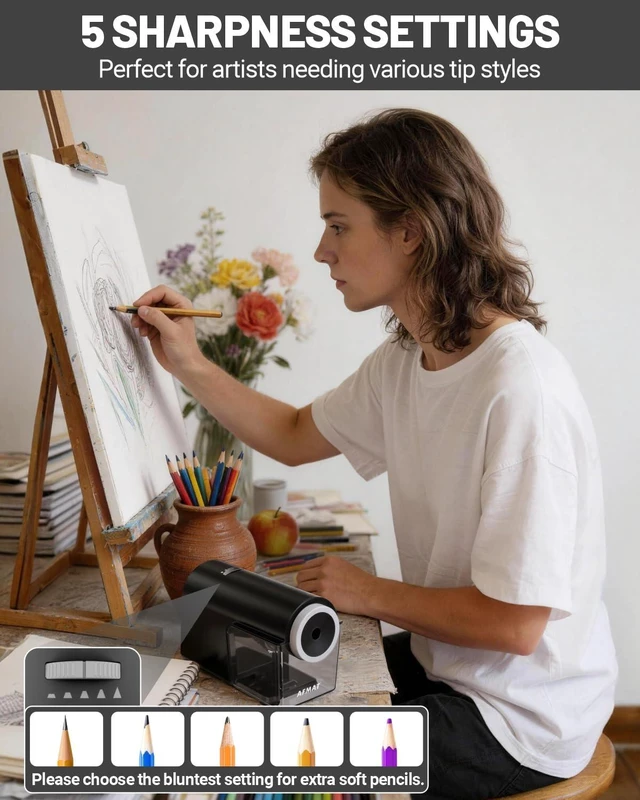 Alt view image 4 of 7 - Electric Pencil Sharpener, Fully Automatic Pencil Sharpener for 6.5-10.5mm No.2/Jumbo/Colored Pencils, Auto in & Out, 5 Sharpness Modes, 10000+ Sharpenings for Classroom Home Office, PSC5(120V)