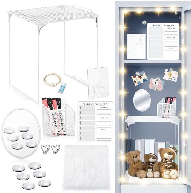 Main image of 19 Pcs Locker Organizer and Decorating Kit, First Day of Essentials Marble Print Whiteboard with Markers Locker Shelf Plush Area Rug Mirror Magnetic Cup (White)