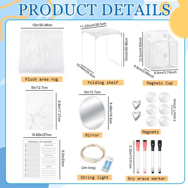 Alt view image 3 of 7 - 19 Pcs Locker Organizer and Decorating Kit, First Day of Essentials Marble Print Whiteboard with Markers Locker Shelf Plush Area Rug Mirror Magnetic Cup (White)