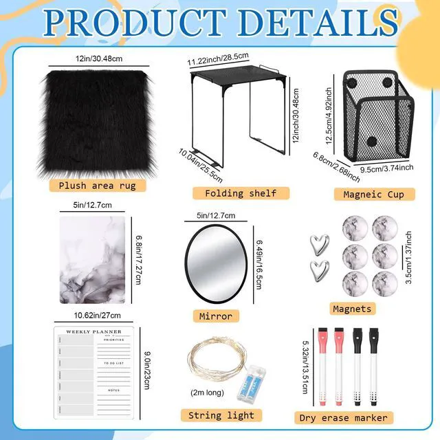 Alt view image 3 of 7 - 19 Pcs Locker Organizer and Decorating Kit, First Day of Essentials Marble Print Whiteboard with Markers Locker Shelf Plush Area Rug Mirror Magnetic Cup (Black White)