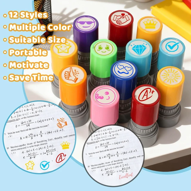 Alt view image 4 of 7 - 12 Pcs Teacher Stamps for Classroom, Rubber Colorful Stamps Classroom Rubber Stamp for Grading Homework Test Motivation Students Supplies