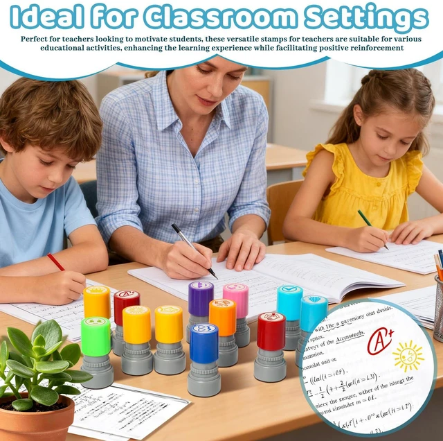 Alt view image 6 of 7 - 12 Pcs Teacher Stamps for Classroom, Rubber Colorful Stamps Classroom Rubber Stamp for Grading Homework Test Motivation Students Supplies