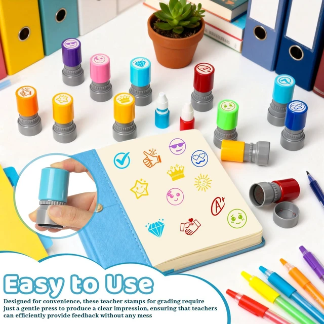 Alt view image 7 of 7 - 12 Pcs Teacher Stamps for Classroom, Rubber Colorful Stamps Classroom Rubber Stamp for Grading Homework Test Motivation Students Supplies