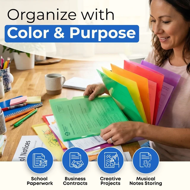 Alt view image 5 of 7 - Clear Plastic Document Folders 8.5x11, 36 Pack, Assorted Colors Letter Size Poly File Jackets, Tear-Resistant Design, Durable Document Storage for School, Office & Home