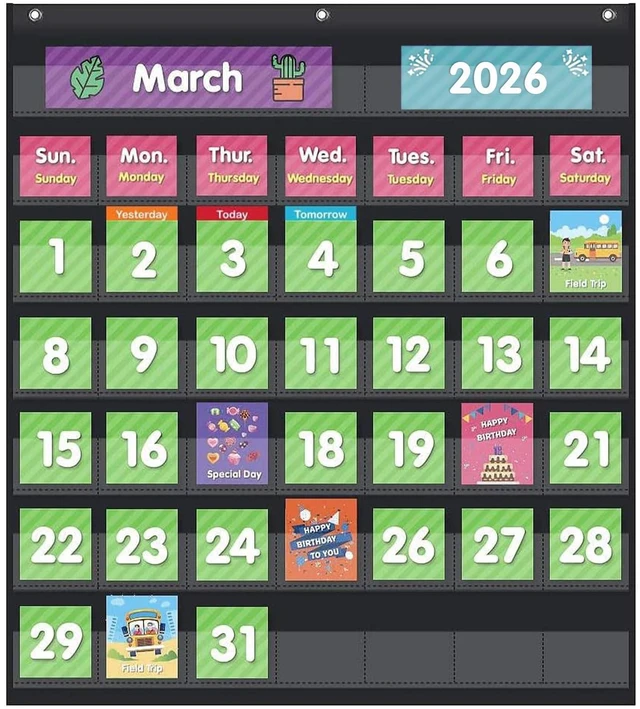 Main image of Classroom Monthly Calendar Pocket Chart with 71 Cards for Kids Learning for Home,Homeschool Supplies and Classroom Must Haves!(Black)