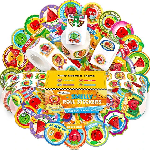 Main image of Reward Smelly Roll Stickers for Kids, 4 Rolls, 1200 PCS 4 Scent Scratch & Sniff Food Theme; Positive Reward for Classroom; Portable Drawer Box for Travel/Car/Airplane; Fruit Scents