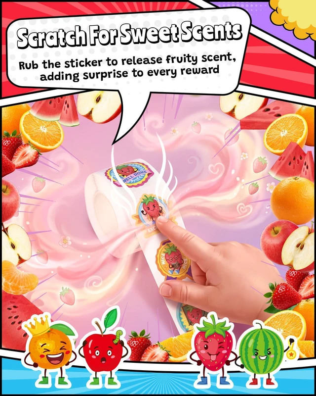 Alt view image 2 of 7 - Reward Smelly Roll Stickers for Kids, 4 Rolls, 1200 PCS 4 Scent Scratch & Sniff Food Theme; Positive Reward for Classroom; Portable Drawer Box for Travel/Car/Airplane; Fruit Scents