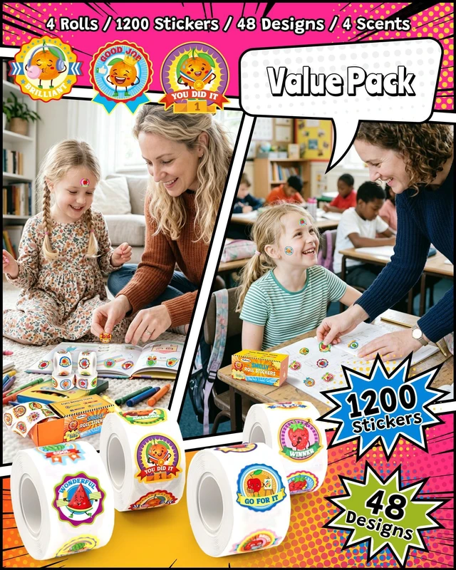 Alt view image 6 of 7 - Reward Smelly Roll Stickers for Kids, 4 Rolls, 1200 PCS 4 Scent Scratch & Sniff Food Theme; Positive Reward for Classroom; Portable Drawer Box for Travel/Car/Airplane; Fruit Scents