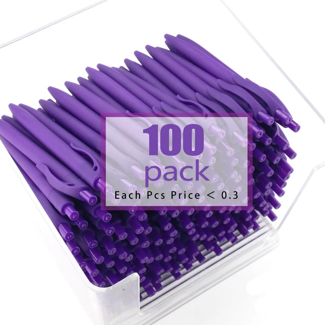 Alt view image 3 of 6 - Pens Bulk, 100 Pack No Bleed Purple Barrel Click Pens, Wholesale Retractable Ballpoint Pens, Medium Point, Smooth Ink Pens, 1.0MM Black Ink