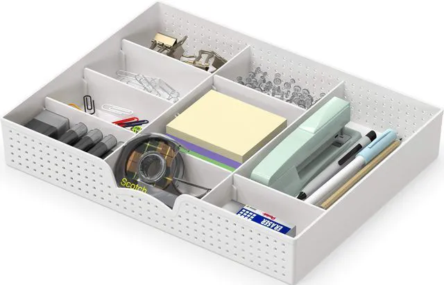 Main image of Drawer Organizer Tray, 9 Adjustable Compartments, White For Office, Makeup, and Craft Drawer or Desktop Storage
