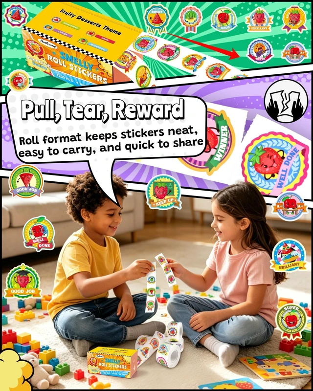 Alt view image 7 of 7 - Reward Smelly Roll Stickers for Kids, 4 Rolls, 1200 PCS 4 Scent Scratch & Sniff Food Theme; Positive Reward for Classroom; Portable Drawer Box for Travel/Car/Airplane; Fruit Scents