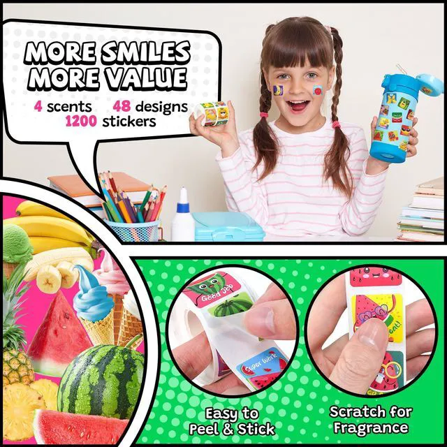 Alt view image 3 of 7 - 1200 Pcs Scratch and Sniff Scented Stickers for Kids 4 Rolls, 0.98 in; Smelly Motivational Reward Stickers; Classroom Teacher Must Haves; School Supplies Incentives for Students