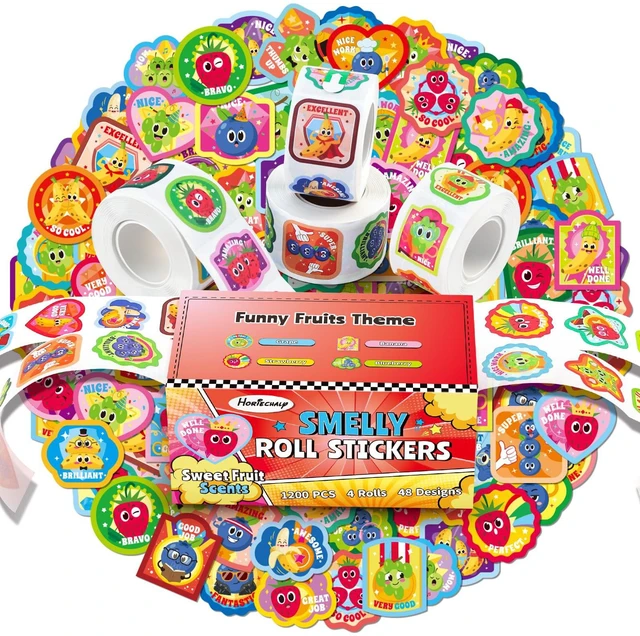Main image of Scratch and Sniff Reward Stickers for Kids, 4 Rolls 1200 PCS 4 Scent Smelly Stickers Fruit Theme, Positive Reward for Classroom, Teacher, Students