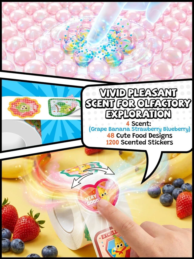 Alt view image 2 of 7 - Scratch and Sniff Reward Stickers for Kids, 4 Rolls 1200 PCS 4 Scent Smelly Stickers Fruit Theme, Positive Reward for Classroom, Teacher, Students