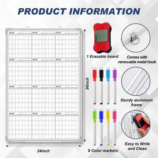 Alt view image 2 of 6 - 3 Month 36" x 24" Vertical Whiteboard Calendar Dry Erase for Wall Magnetic Planner for Fridge, Undated Planning, Aluminum Frame, Markers Included, for Home Office Projects