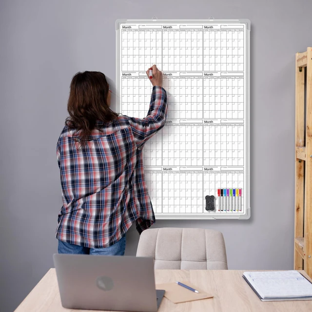 Alt view image 4 of 6 - 3 Month 36" x 24" Vertical Whiteboard Calendar Dry Erase for Wall Magnetic Planner for Fridge, Undated Planning, Aluminum Frame, Markers Included, for Home Office Projects