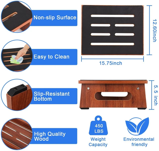 Alt view image 6 of 7 - One Step Stool for Adults Seniors with Non-Slip Rubber Stepping Feet, Heavy Duty Wooden Step Stools for Bathroom, Bedroom, Kitchen & Bedside Support (Rustic Brown, 5.5 Inch-Noctilucent)