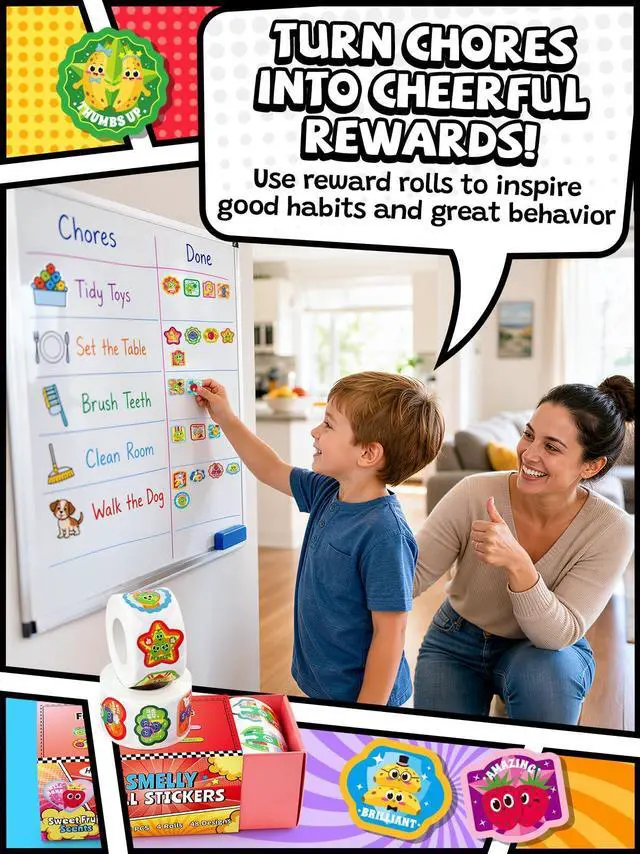 Alt view image 6 of 7 - Scratch and Sniff Reward Stickers for Kids, 4 Rolls 1200 PCS 4 Scent Smelly Stickers Fruit Theme, Positive Reward for Classroom, Teacher, Students