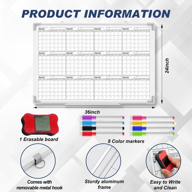 Alt view image 2 of 6 - 36" x 24" Magnetic Horizontal Yearly 12 Month Dry Erase Calendar for Wall 2026 Undated Dry Erase Wall Calendar Planner Aluminum Frame Whiteboard for Home Office Projects Fridge